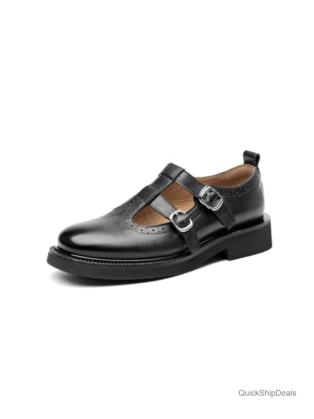 Women's Mary Jane Oxfords Genuine Leather T-Strap Brogue Shoes Block Heel